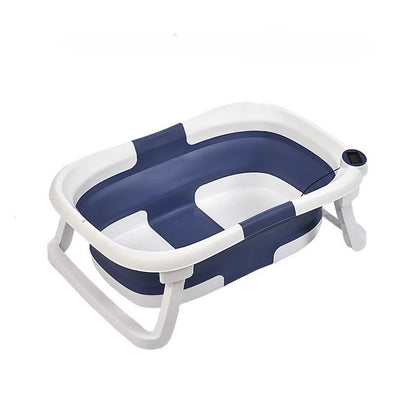 Faltbare Babybadewanne mit rutschfestem Kissen und integriertem Thermometer.