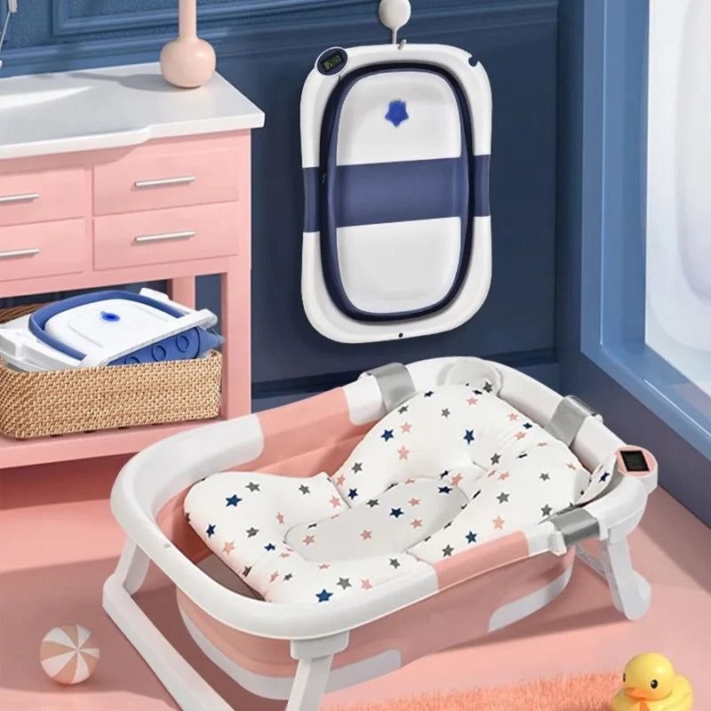 Faltbare Babybadewanne mit rutschfestem Kissen und integriertem Thermometer.