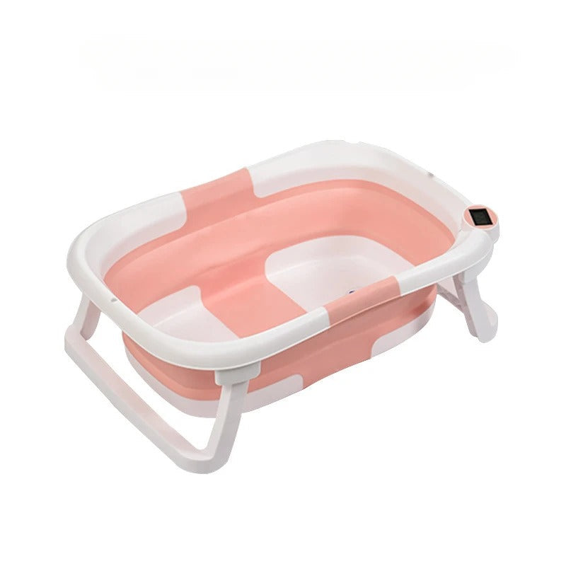 Faltbare Babybadewanne mit rutschfestem Kissen und integriertem Thermometer.