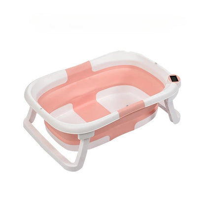 Faltbare Babybadewanne mit rutschfestem Kissen und integriertem Thermometer.