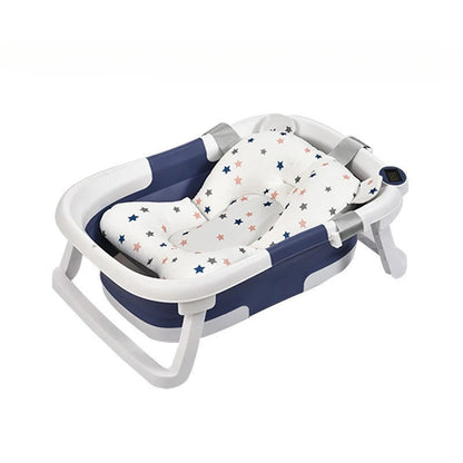 Faltbare Babybadewanne mit rutschfestem Kissen und integriertem Thermometer.