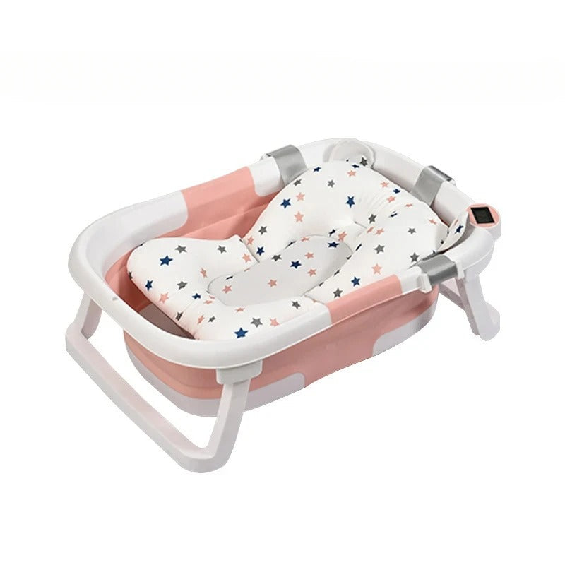 Faltbare Babybadewanne mit rutschfestem Kissen und integriertem Thermometer.