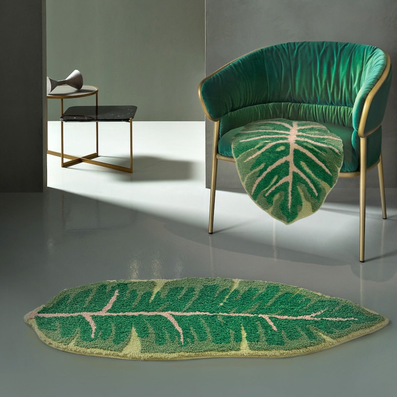 Teppich mit Monstera- und Bananenblattmuster - Rutschfest und stödend für Wohnzimmer und Badezimmer, pflegeleicht