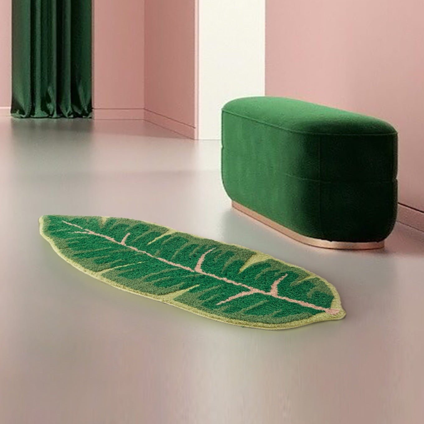 Teppich mit Monstera- und Bananenblattmuster - Rutschfest und stödend für Wohnzimmer und Badezimmer, pflegeleicht