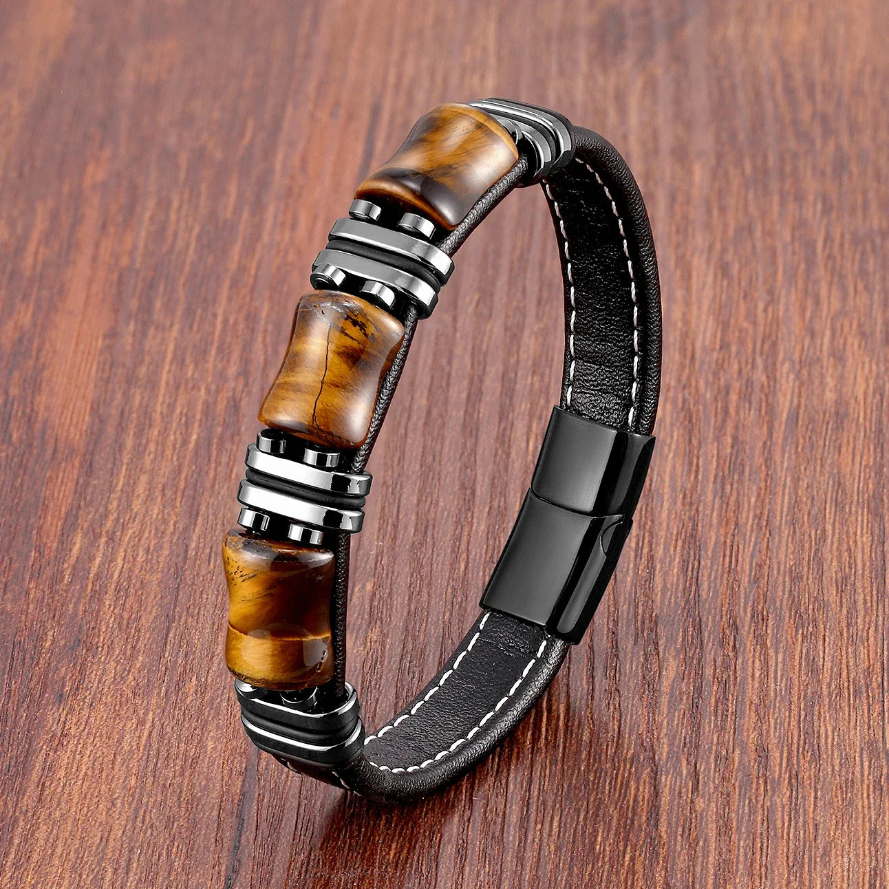 Armband Leder Gold | Tiger Eye Perlen Herren Schmuck