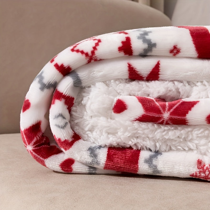 Weihnachts-Sherpa-Decke - Weiche Plüsch-Fleece-Decke mit Rentier- und Schneeflockenmuster