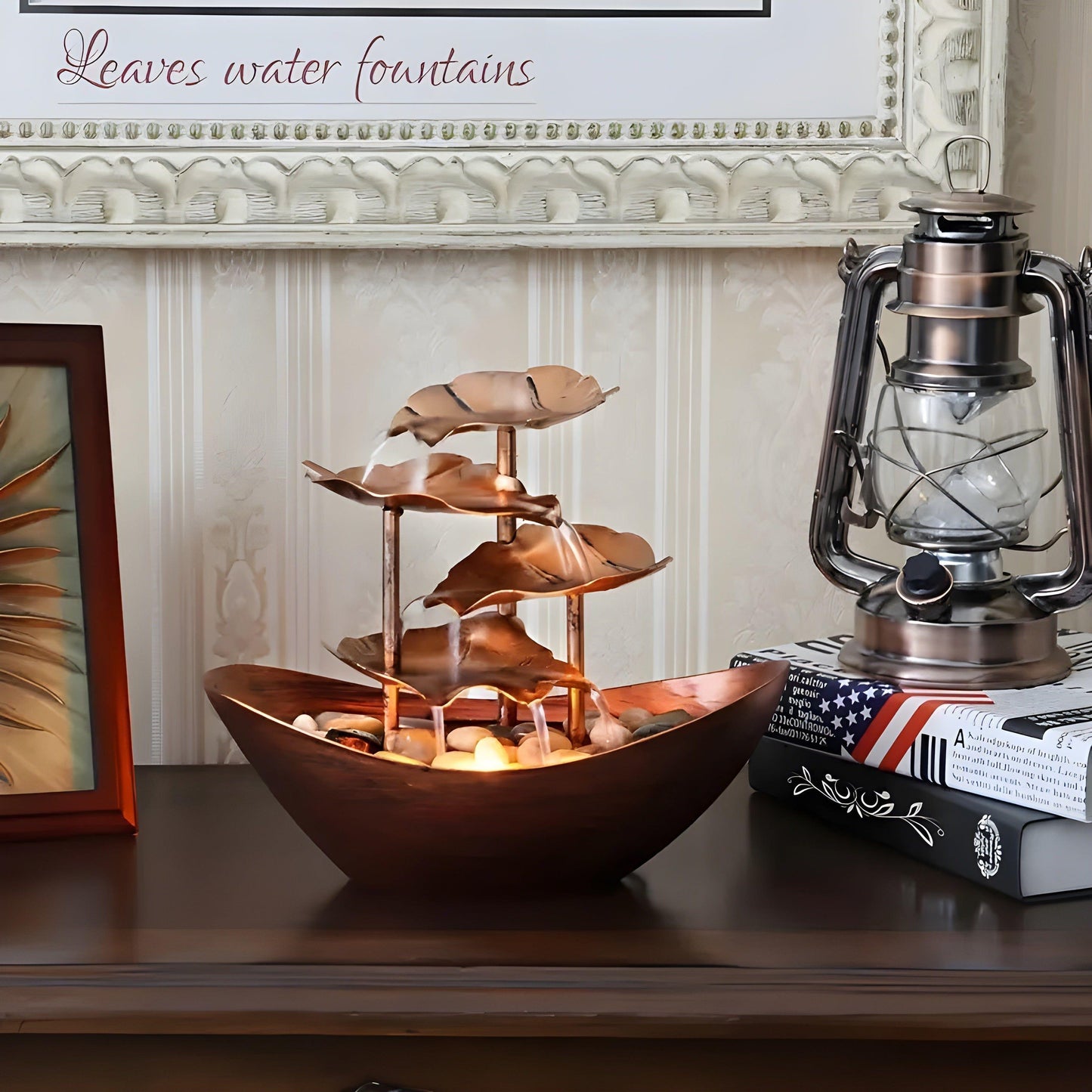 Vintage Ironleaf Tischbrunnen mit LED-Licht – Elegante Wohnkultur für Entspannung und beruhigende Atmosphäre