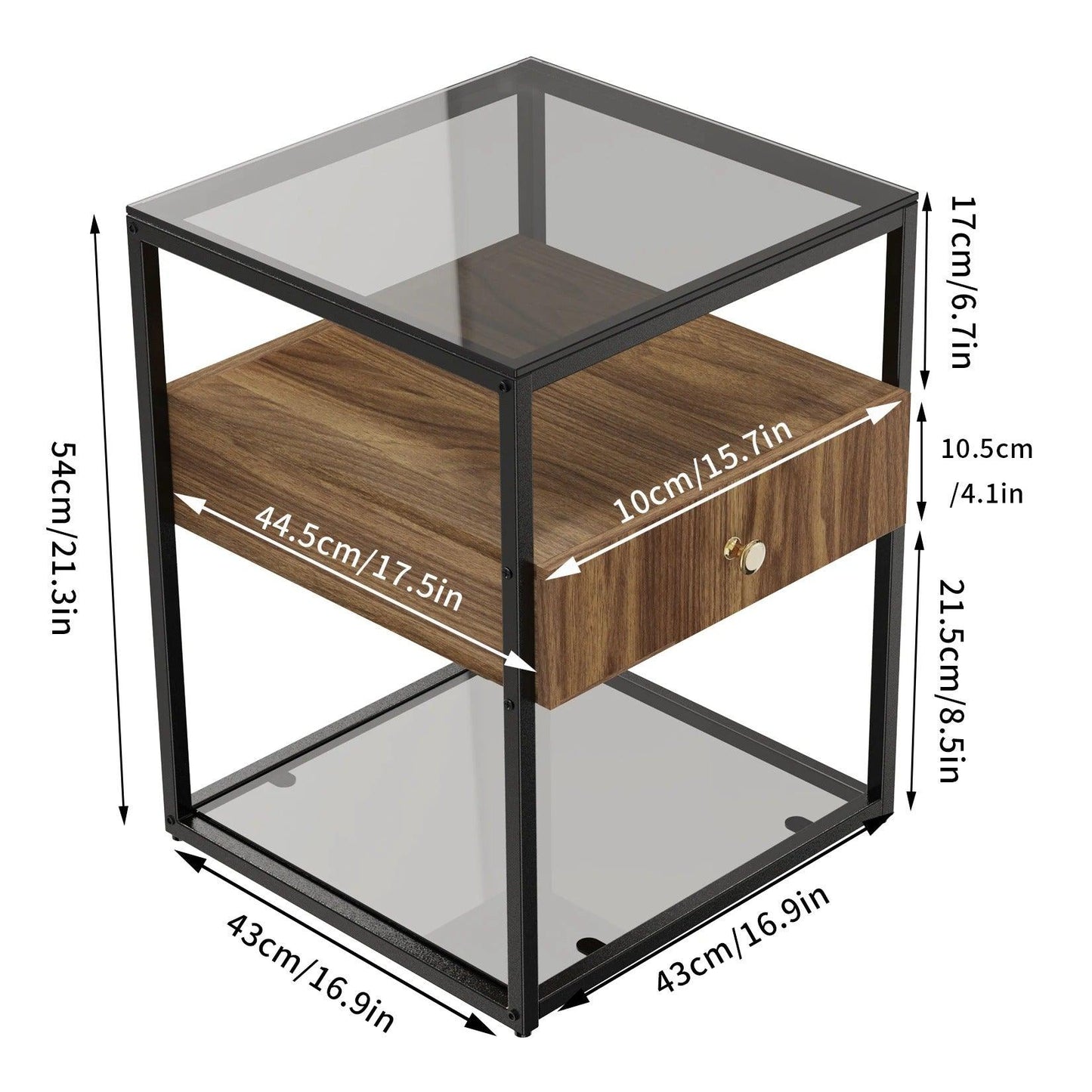 Beistelltisch aus gehärtetem Glas und Holz │ Moderner minimalistischer Nachttisch mit Holzschublade und Regalmöbel