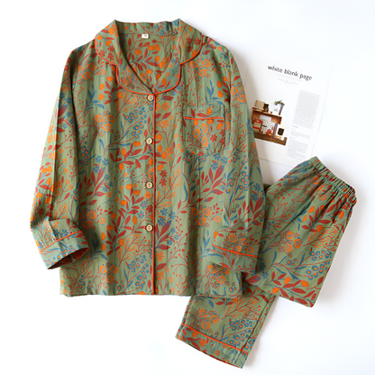 Vintage Blatt Baumwolle Revers Loungewear Set