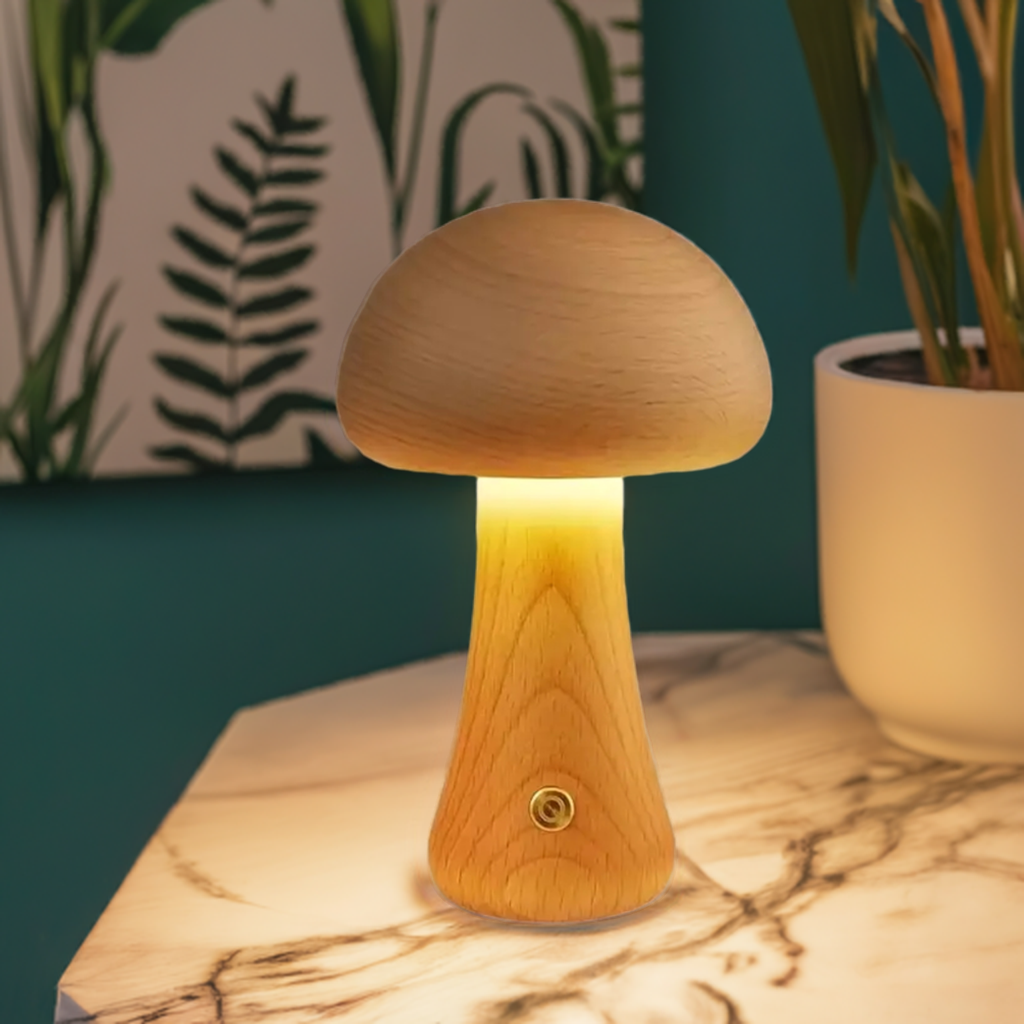MushroomGlow – Holz Tischlampe mit natürlichem und modernem Design