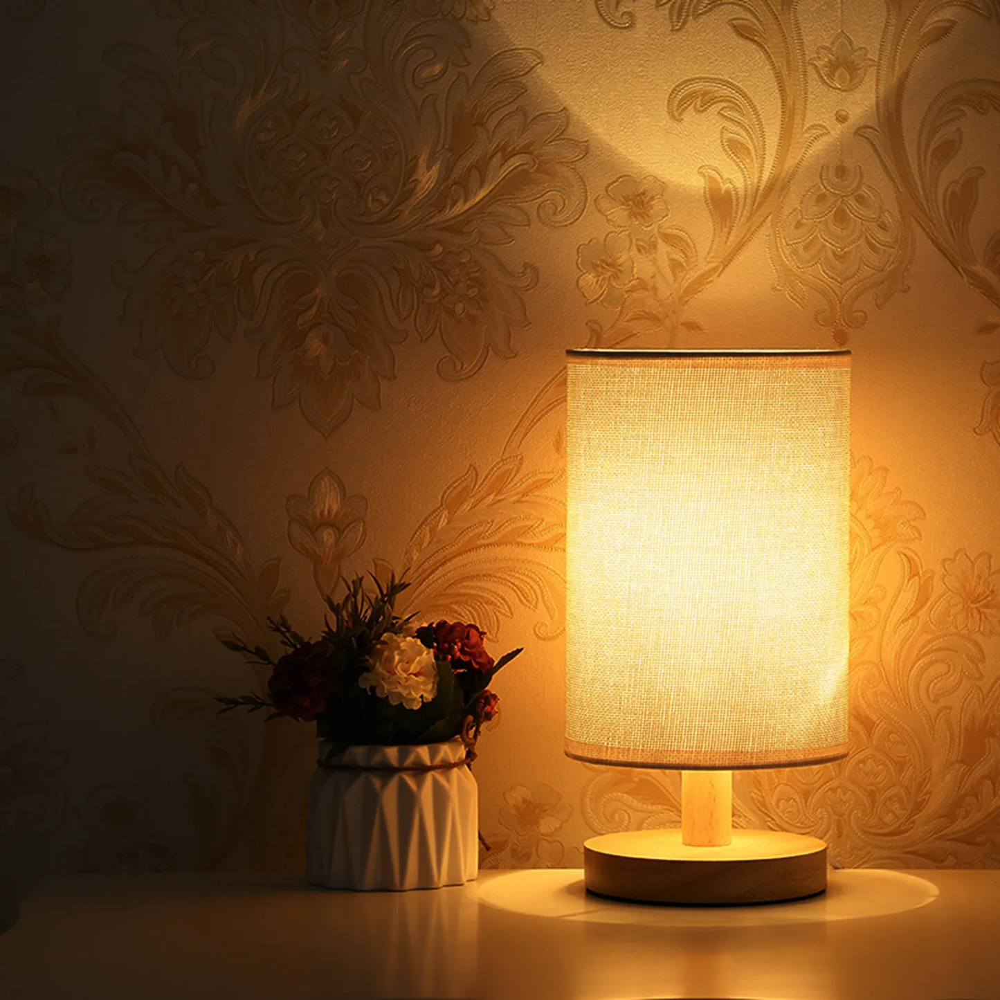 Holz-Nachtischlampe – USB-betriebene Leinen-Tischlampe für Schlafzimmer & moderne Wohnkultur
