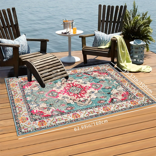 Vintage Boho Blumen Teppich - Perfekt für Terrasse, Garten und Poolkante, Fleckenbeständig und Waschbar