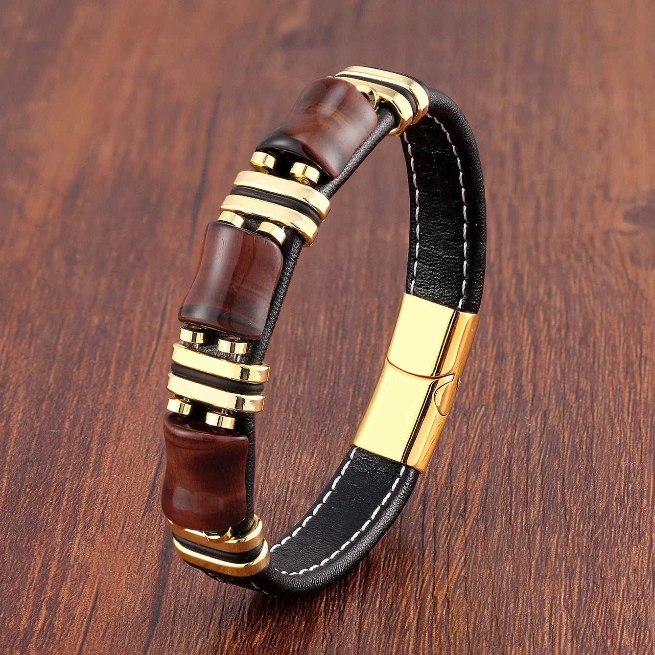 Armband Leder Gold | Tiger Eye Perlen Herren Schmuck