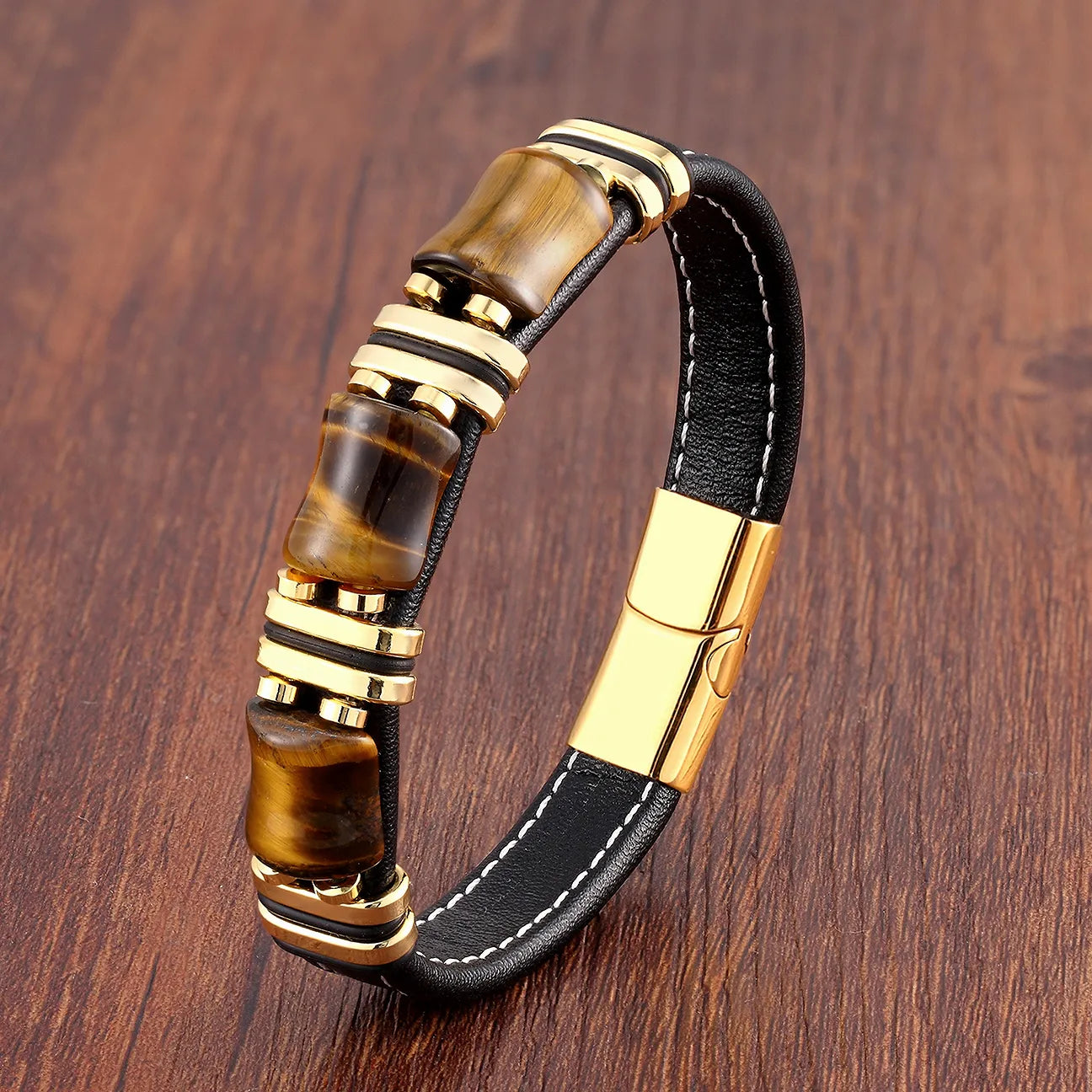Armband Leder Gold | Tiger Eye Perlen Herren Schmuck