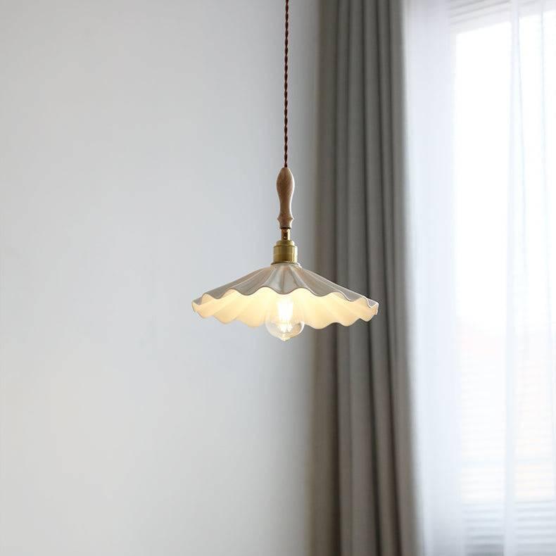 Designerküchenhängelampe aus Keramik – Moderne Pendelleuchte mit Holzelement