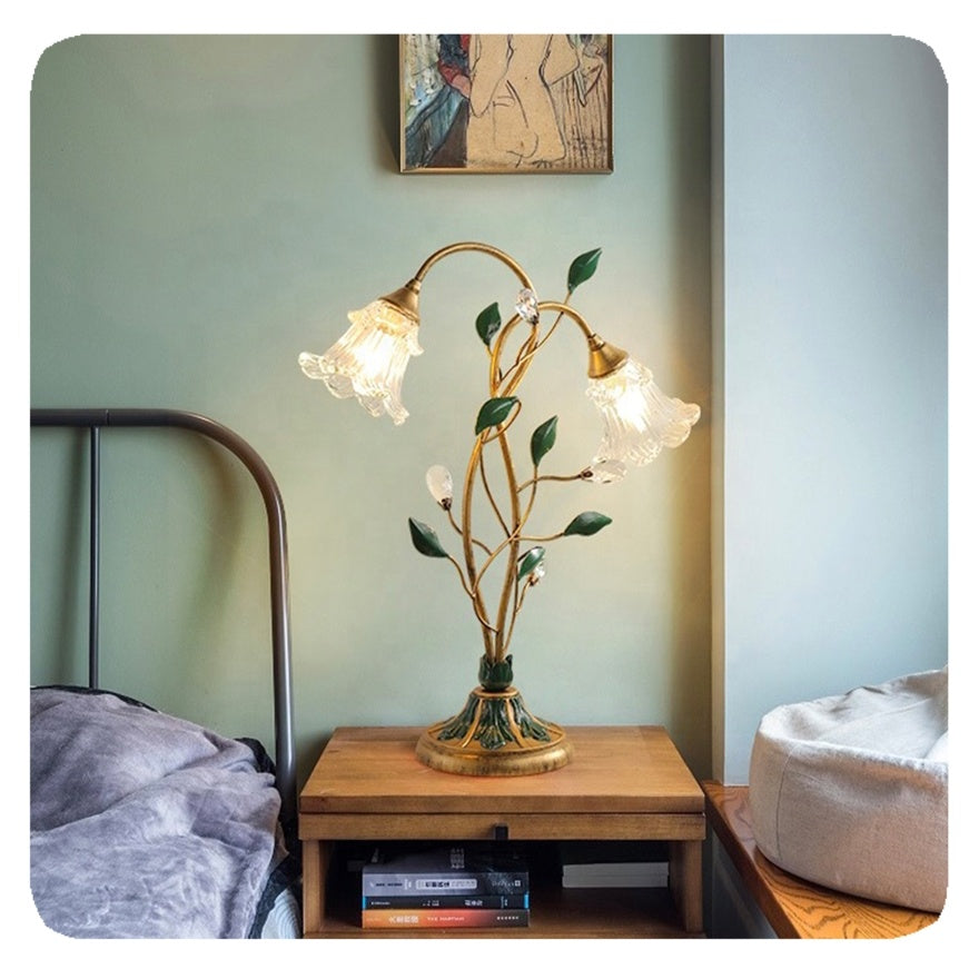 Tischlampe Blumig - Vintage-Design aus Eisen, Kristall und Glas für Schlafzimmer oder Wohnzimmer