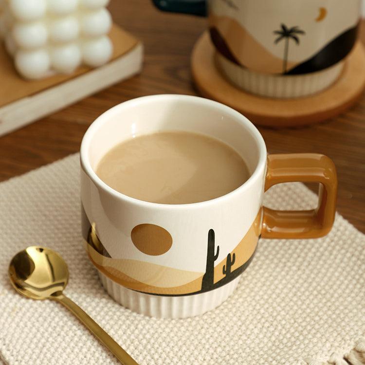 Kaffeetasse aus Keramik mit nordischem, einzigartigem Design und goldenem Löffel │ Ästhetisches, dekoratives Küchengeschirr