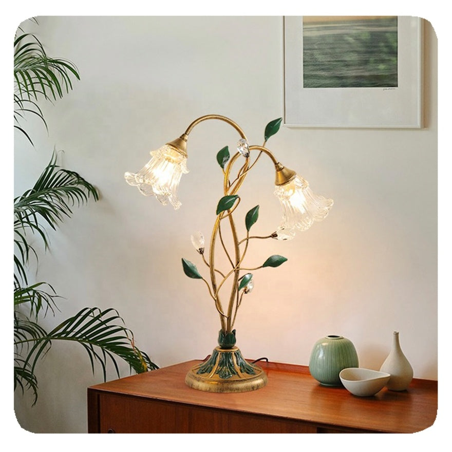 Tischlampe Blumig - Vintage-Design aus Eisen, Kristall und Glas für Schlafzimmer oder Wohnzimmer