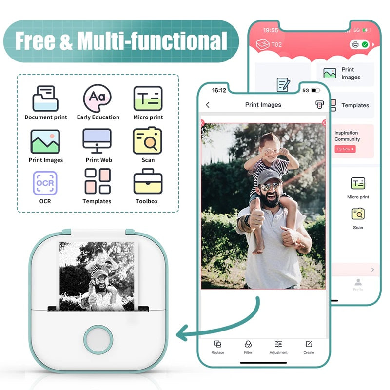 Tragbarer Mini-Drucker mit Bluetooth und inkless Thermodruck