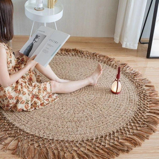 Moderner Boho-Jute-Gewebter Teppich │ Gewebte runde Teppiche Handgeknüpfter Quastenteppich