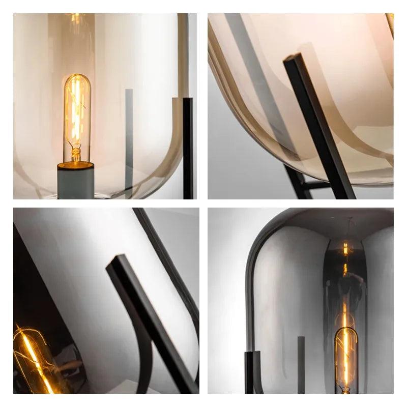 Moderne Nordische Klarglas Tischlampe Licht (Amber/Transparent/Grau) │ Industrielle LED Wohn Schlafzimmer Dekor Beleuchtung Schreibtischlampe