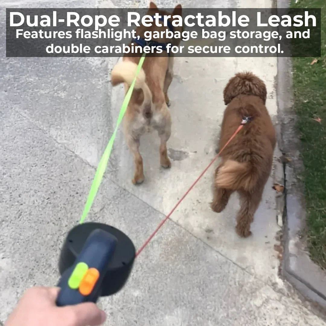 Furora Dual Dog Leash mit Taschenlampe & Kotbeutelhalter – Verwicklungsfreies Gassigehen für zwei Hunde