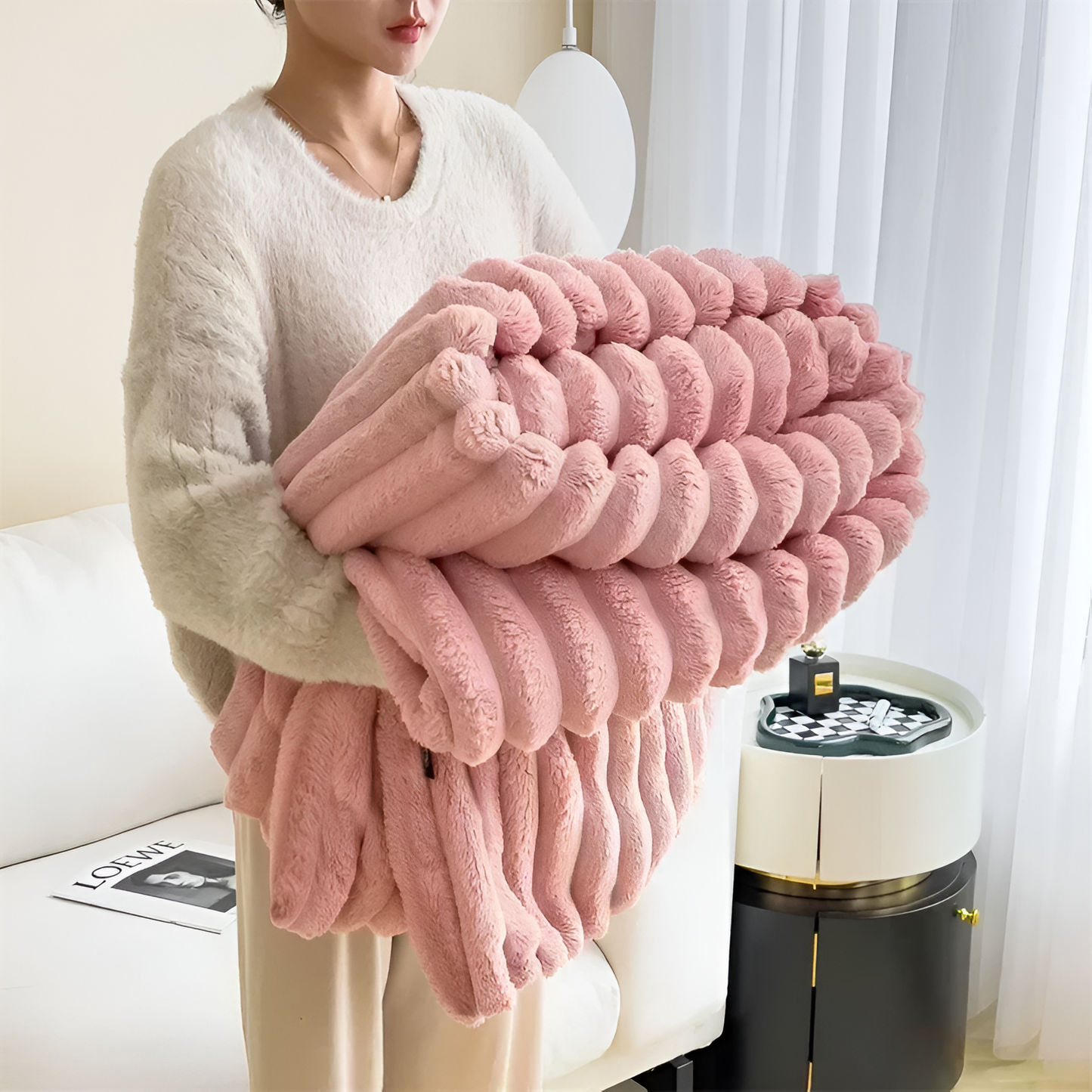 Luxuriöse Fleece-Hase Pelz Wurfdecke + 2 Kissenbezüge