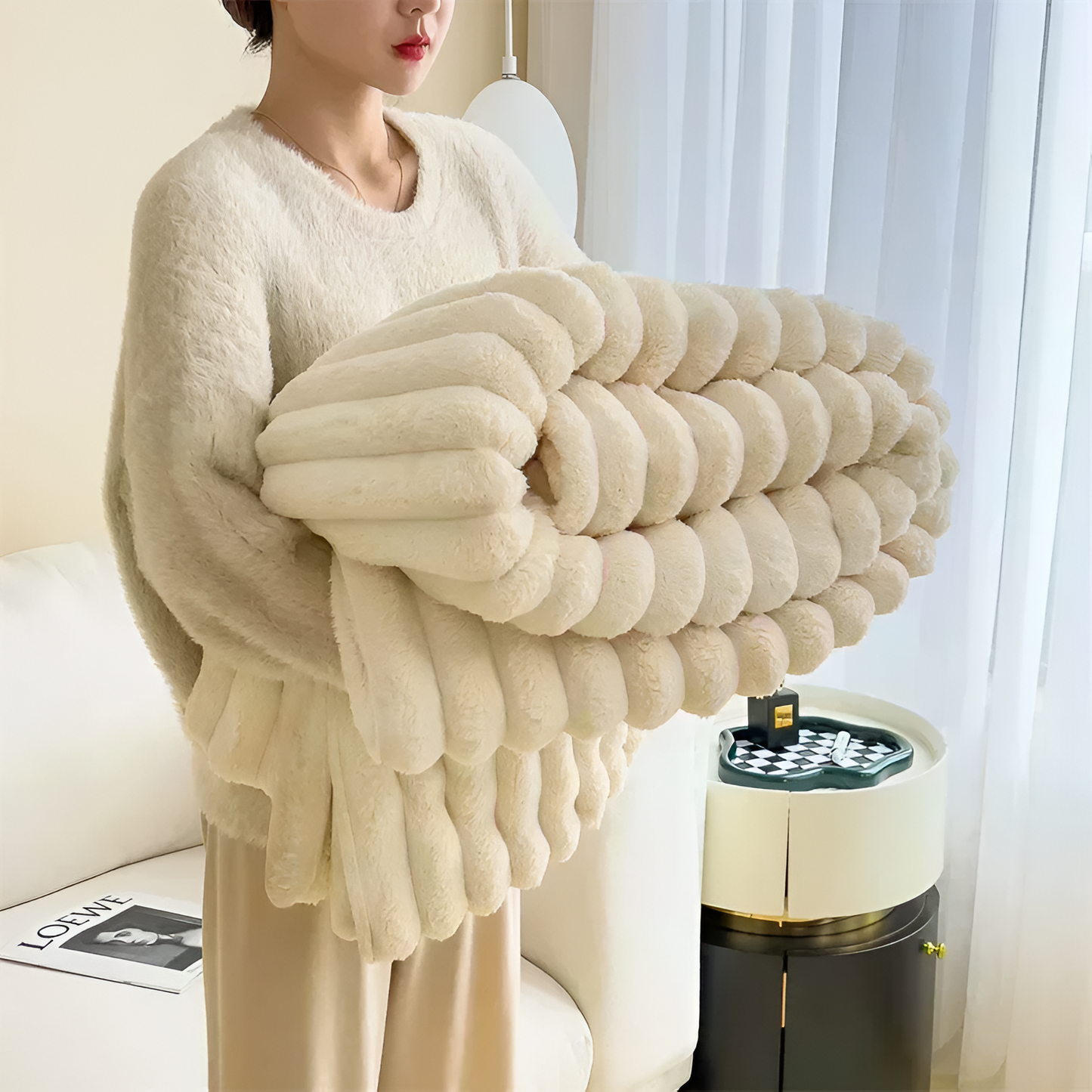 Luxuriöse Fleece-Hase Pelz Wurfdecke + 2 Kissenbezüge