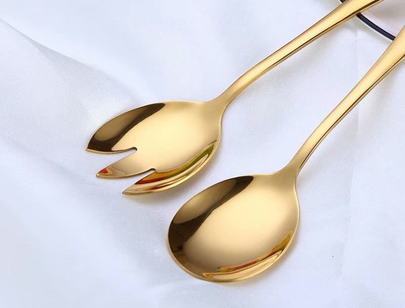 Fertig – Spklifey goldener Salatlöffel und Gabel, 2-teilig, Salatlöffel, Edelstahl-Besteckset, Servierlöffel-Set, farbenfrohe, einzigartige Löffel