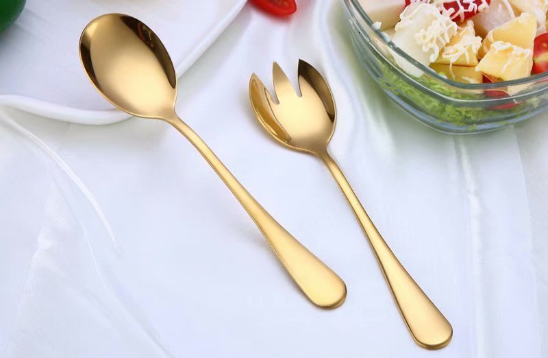 Fertig – Spklifey goldener Salatlöffel und Gabel, 2-teilig, Salatlöffel, Edelstahl-Besteckset, Servierlöffel-Set, farbenfrohe, einzigartige Löffel