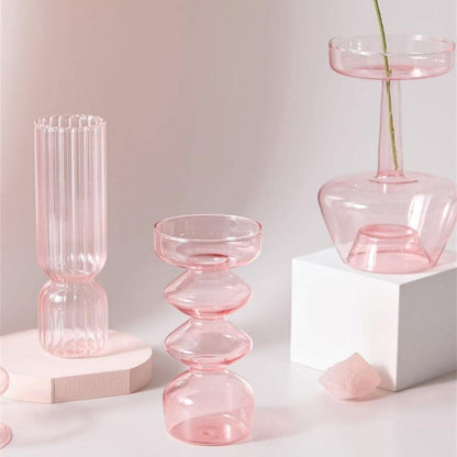 Garduru Pink Glas Kerzenhalter & Vasen Set | Elegantes Design | Vielseitige Tischdekoration