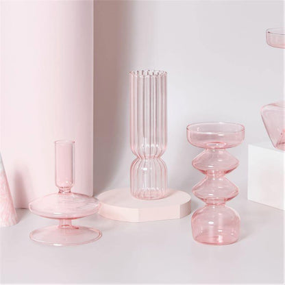 Garduru Pink Glas Kerzenhalter & Vasen Set | Elegantes Design | Vielseitige Tischdekoration