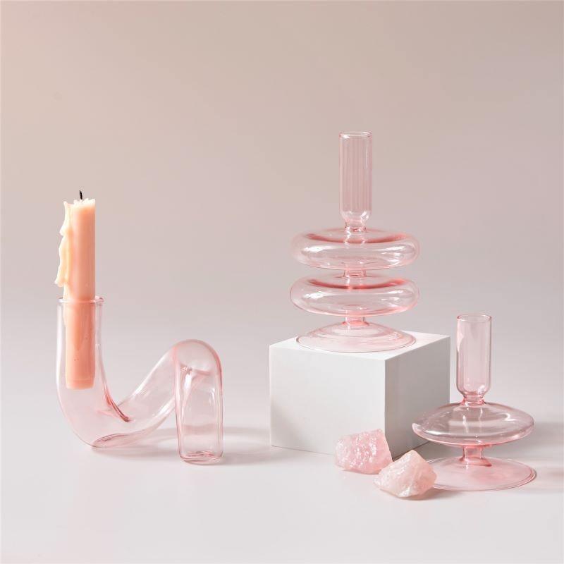 Garduru Pink Glas Kerzenhalter & Vasen Set | Elegantes Design | Vielseitige Tischdekoration