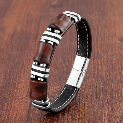 Armband Leder Gold | Tiger Eye Perlen Herren Schmuck