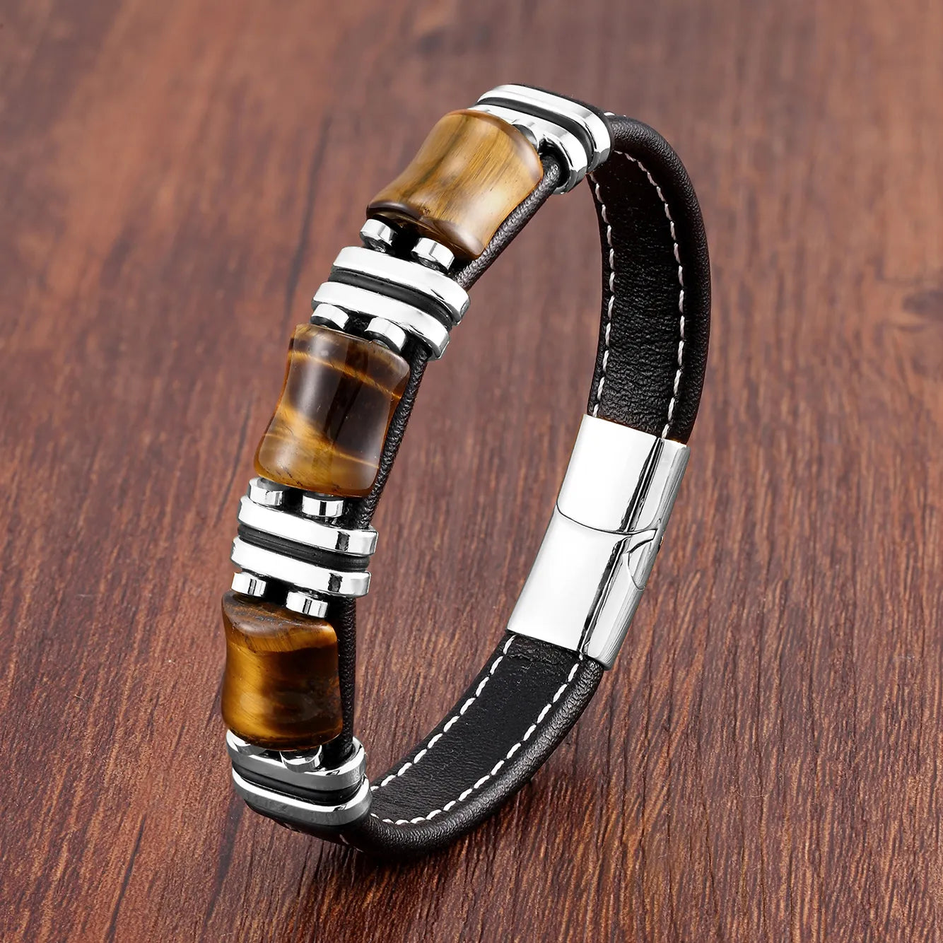 Armband Leder Gold | Tiger Eye Perlen Herren Schmuck