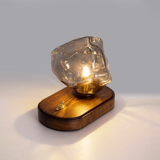 Tischlampe aus Glas Ice Stone – Elegantes Design mit Metall- und Holzfuß