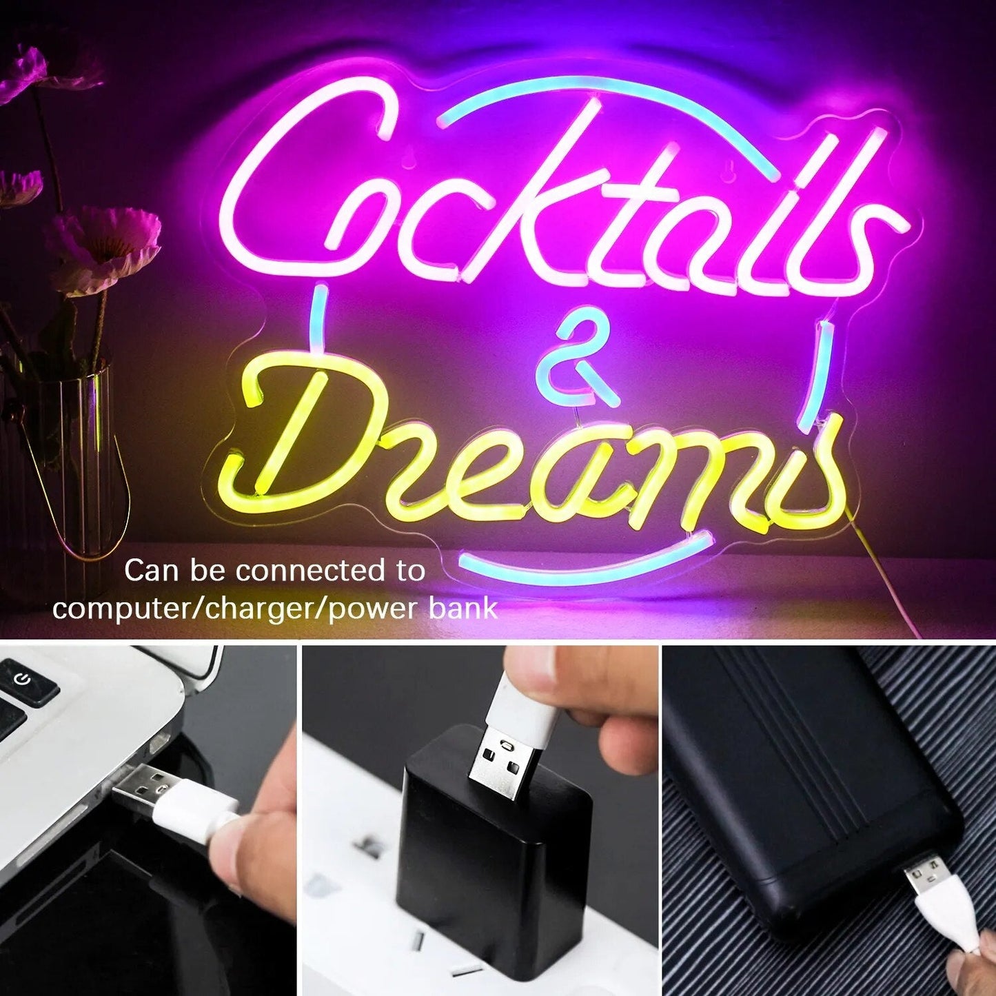 Lebendige Cocktails & Bier LED Neon Wandschild