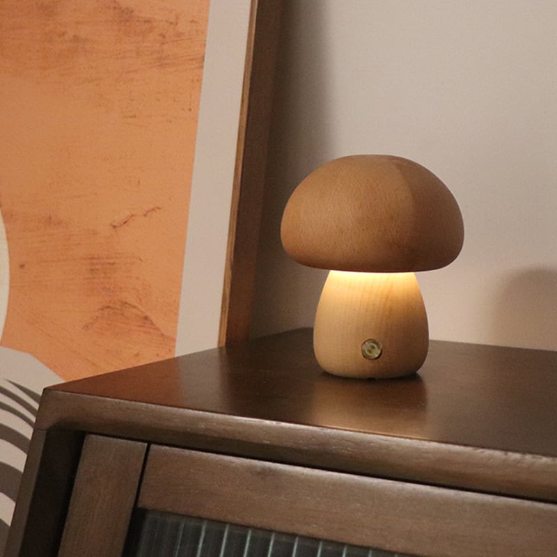 Massive Holz Pilz Tischlampe - USB wiederaufladbare LED kabellose Tischlampe