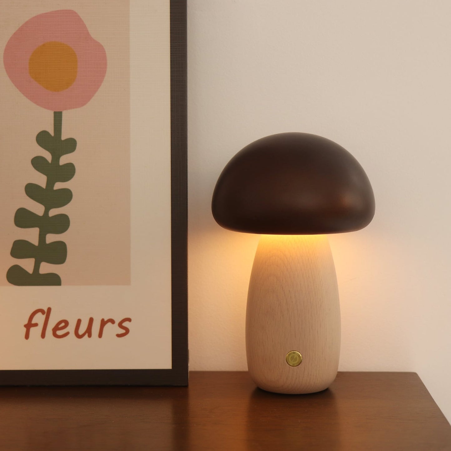 Massive Holz Pilz Tischlampe - USB wiederaufladbare LED kabellose Tischlampe