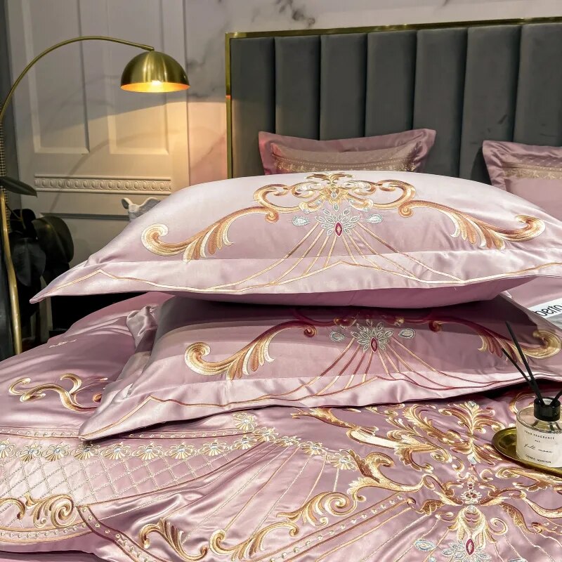 Rosa Luxus Royal Gold Stickerei Glossy Baumwollbettwäsche Set 400Tc