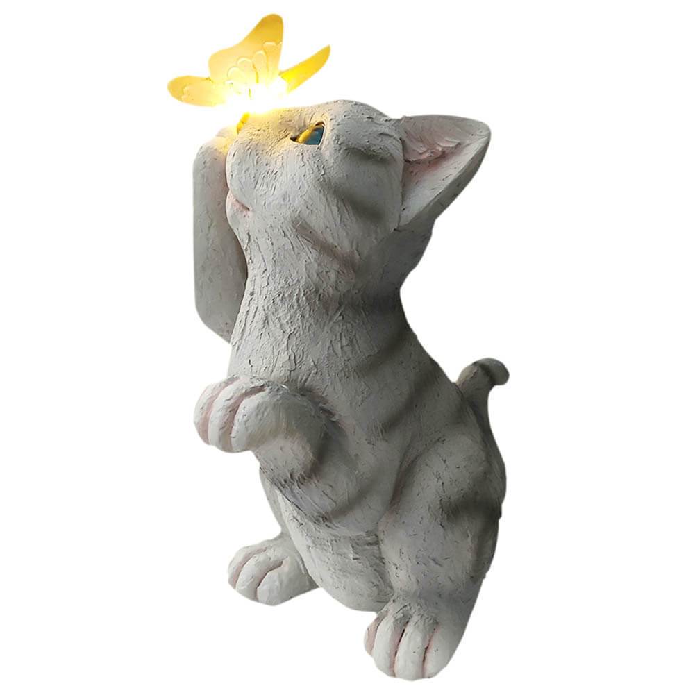 Solar Katze Gartenfigur mit Schmetterling