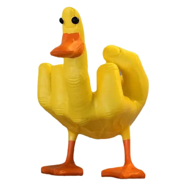 Handgefertigte Entenfigur mit erhobenem Mittelfinger