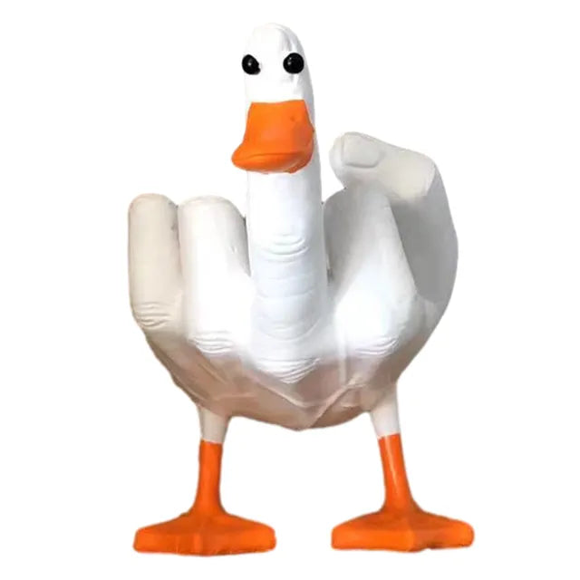 Handgefertigte Entenfigur mit erhobenem Mittelfinger