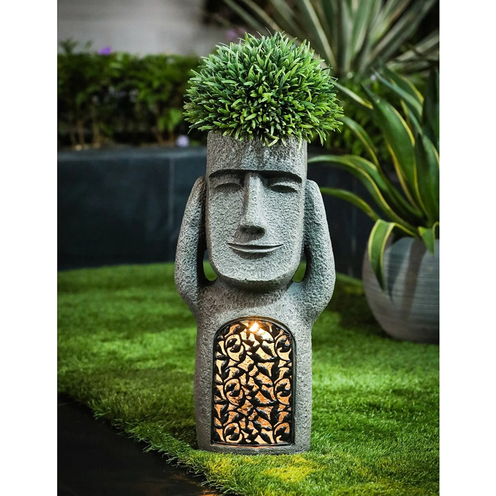 Hören, Sehen, Sprechen - Blumentop Statue mit Solar LED